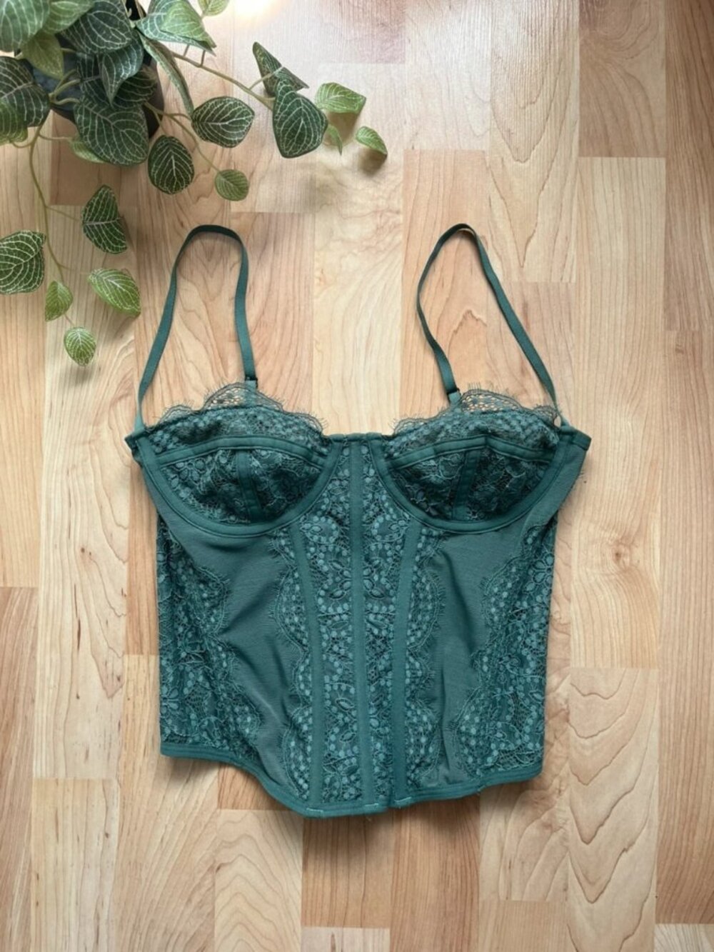 Green Lace Bustier Corset Top Adjustable Straps Size S